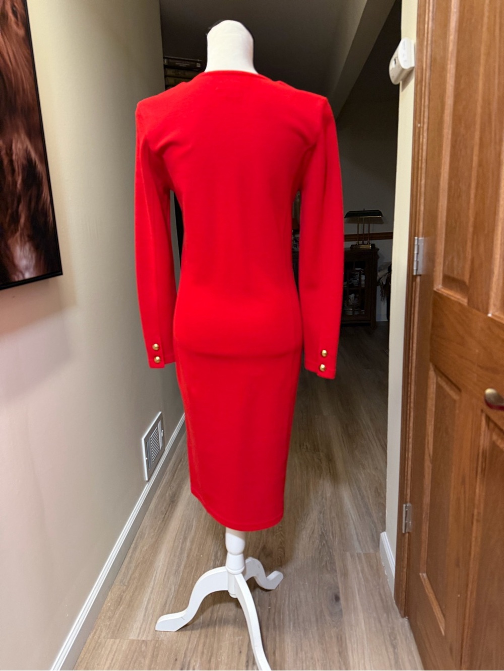 Red Wool Gold Button Dress Old Money Chanel Style NWOT Size 6 - Picture 7 of 9